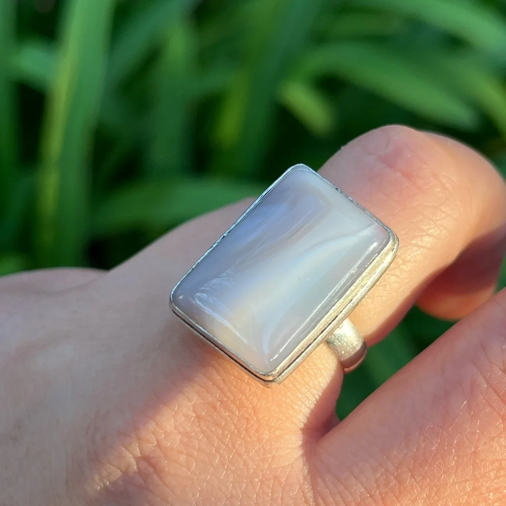 Size‎ 7.25 925 silver plated milky banded agate rectangular ring